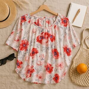 Cabi 100% Silk Gypsy Floral Dolman Blouse Beige Red Batwing Oversized Womens XS